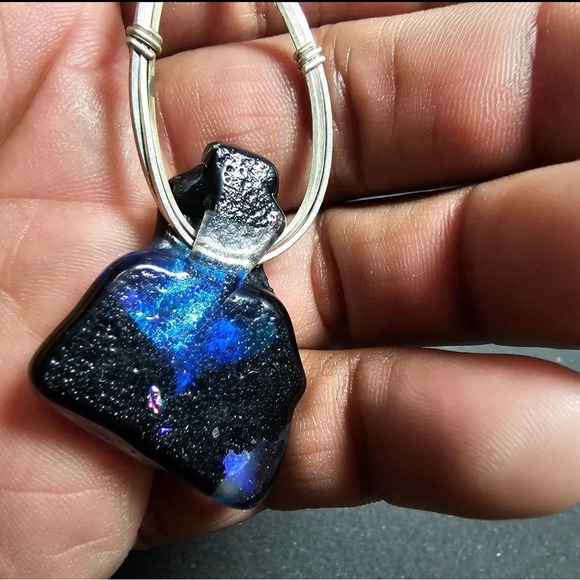 Sterling Silver Wire Wrapped Dichroic Glass Rainbow Green Blue Pendant - Picture 3 of 10